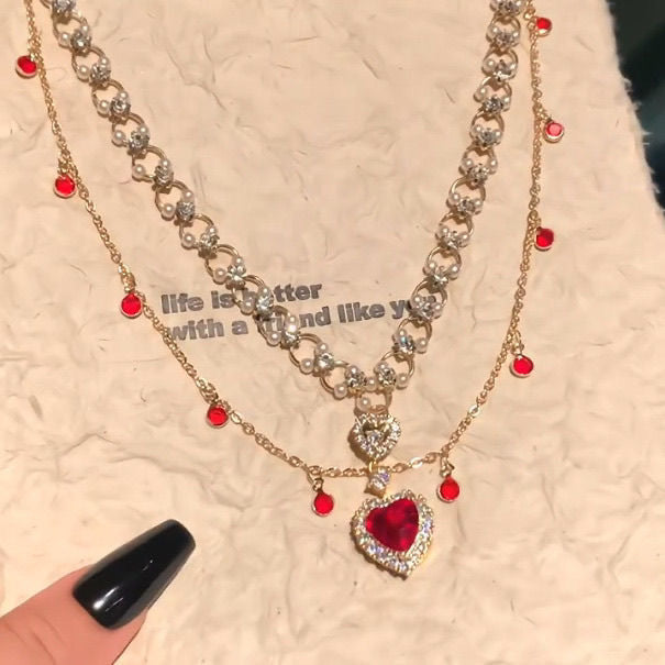 Red Love Pearl Double Layer Twin Necklace