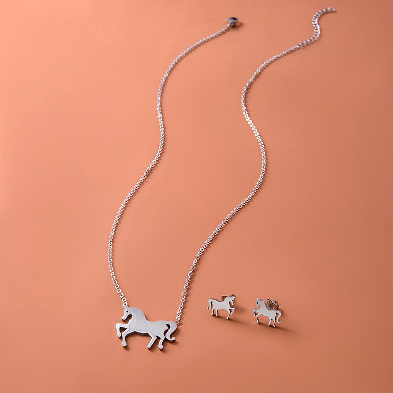 Stainless Steel Gold Silver Unicorn Horse Necklace Earrings Jewelry Set