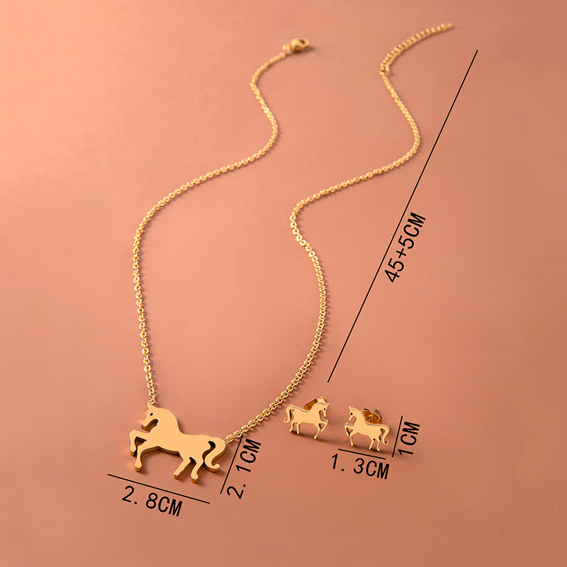 Stainless Steel Gold Silver Unicorn Horse Necklace Earrings Jewelry Set