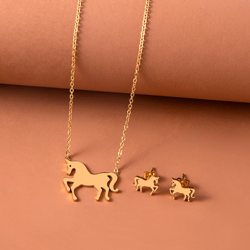 Stainless Steel Gold Silver Unicorn Horse Necklace Earrings Jewelry Set
