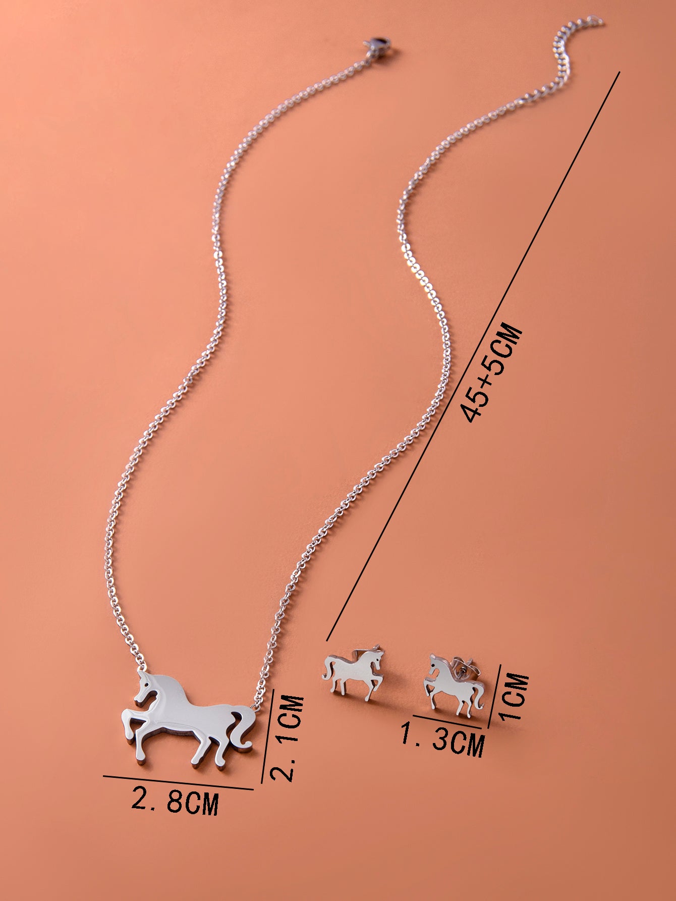 Stainless Steel Gold Silver Unicorn Horse Necklace Earrings Jewelry Set