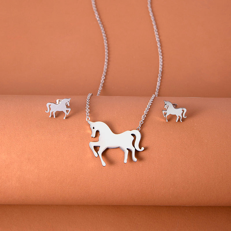 Stainless Steel Gold Silver Unicorn Horse Necklace Earrings Jewelry Set