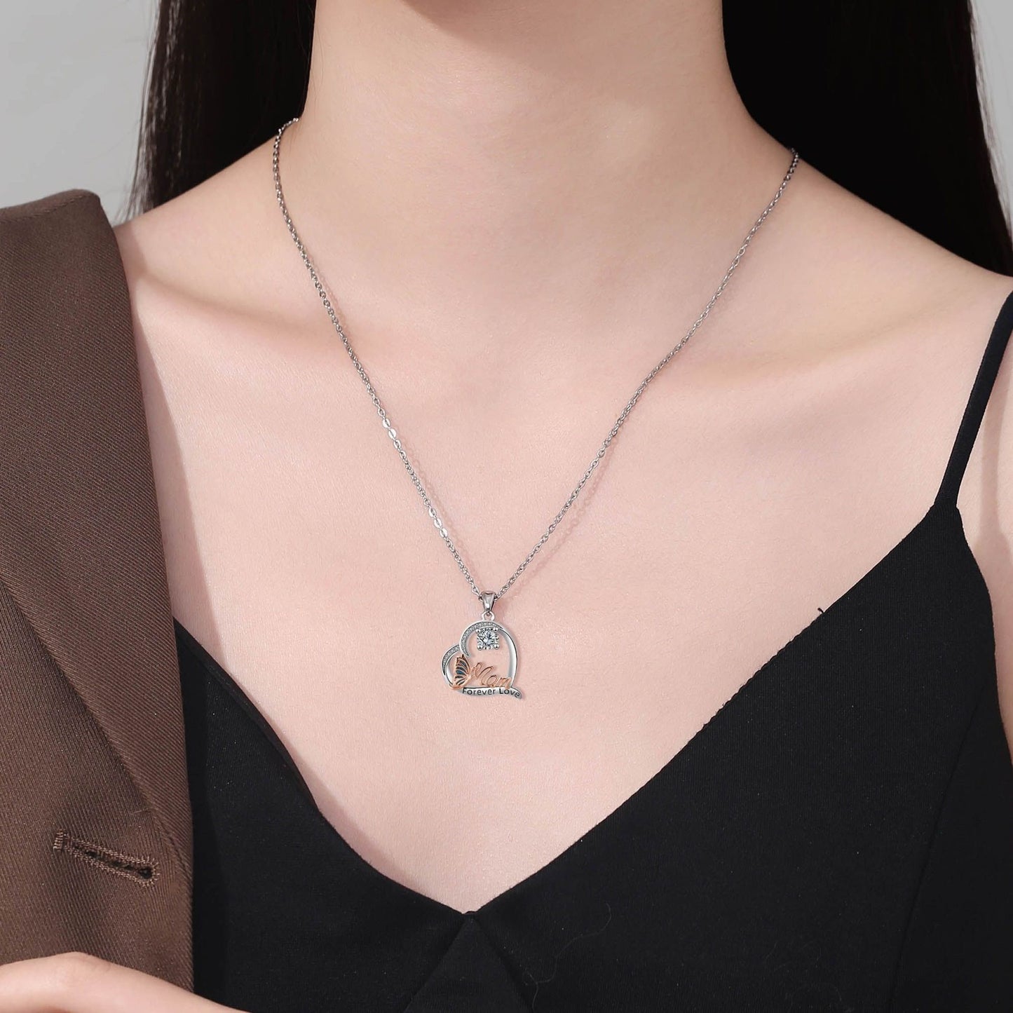 Heart Necklace Butterfly Ornament Mother's Necklace