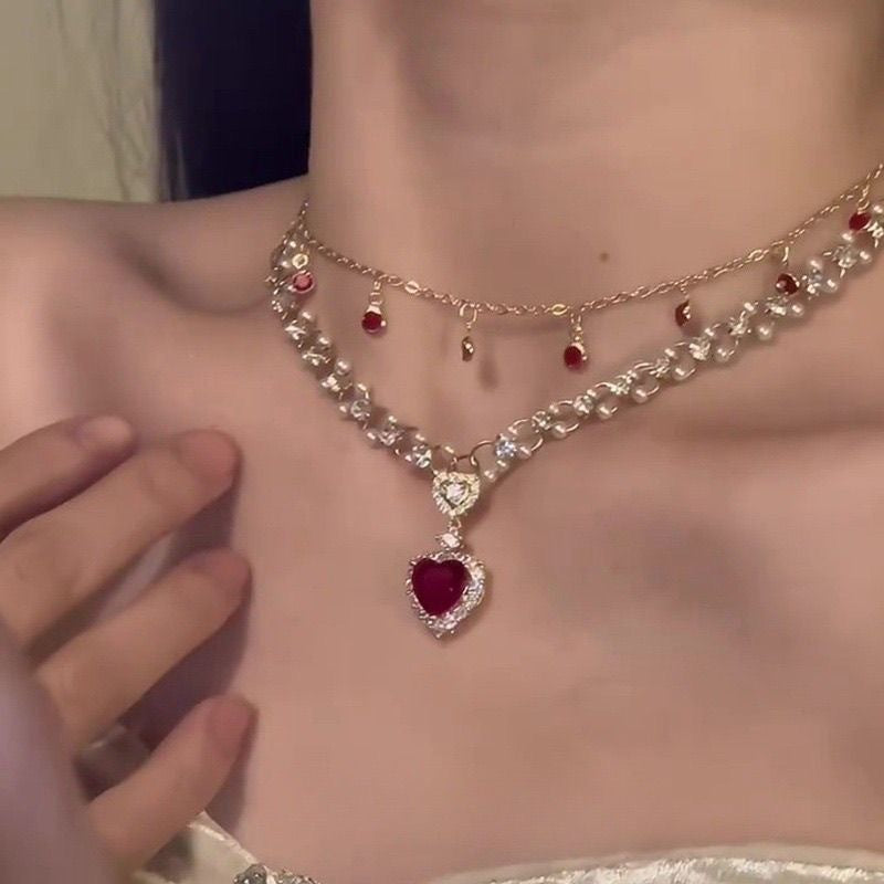 Red Love Pearl Double Layer Twin Necklace