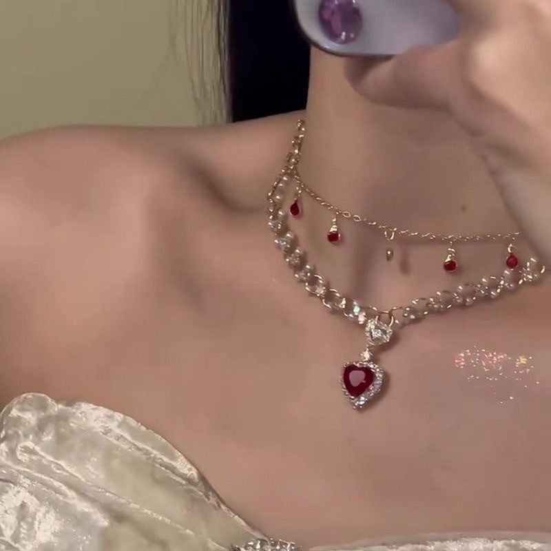 Red Love Pearl Double Layer Twin Necklace