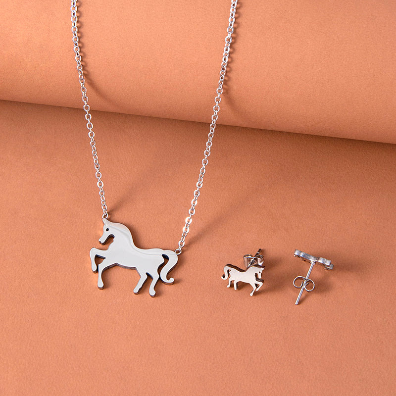 Stainless Steel Gold Silver Unicorn Horse Necklace Earrings Jewelry Set